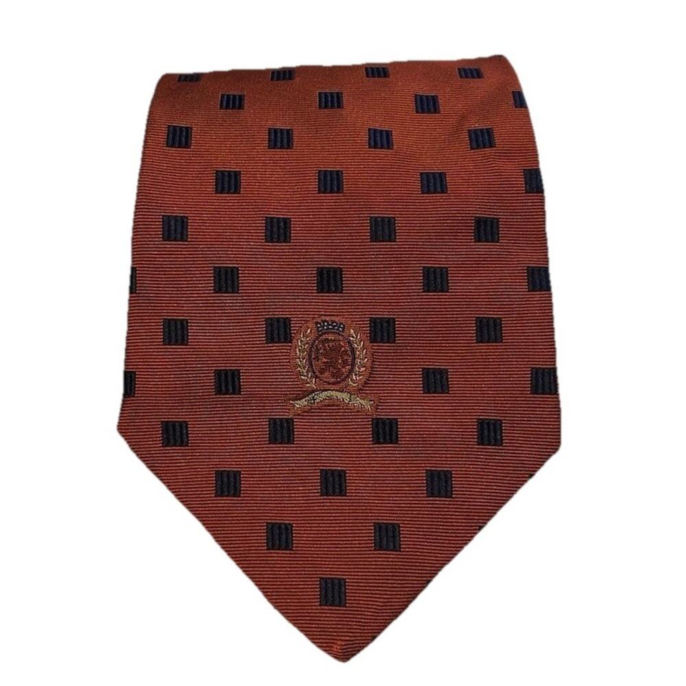Vtg Tommy Hilfiger Medallion Men’s Tie Orange Blue Block Silk 4” Necktie USA